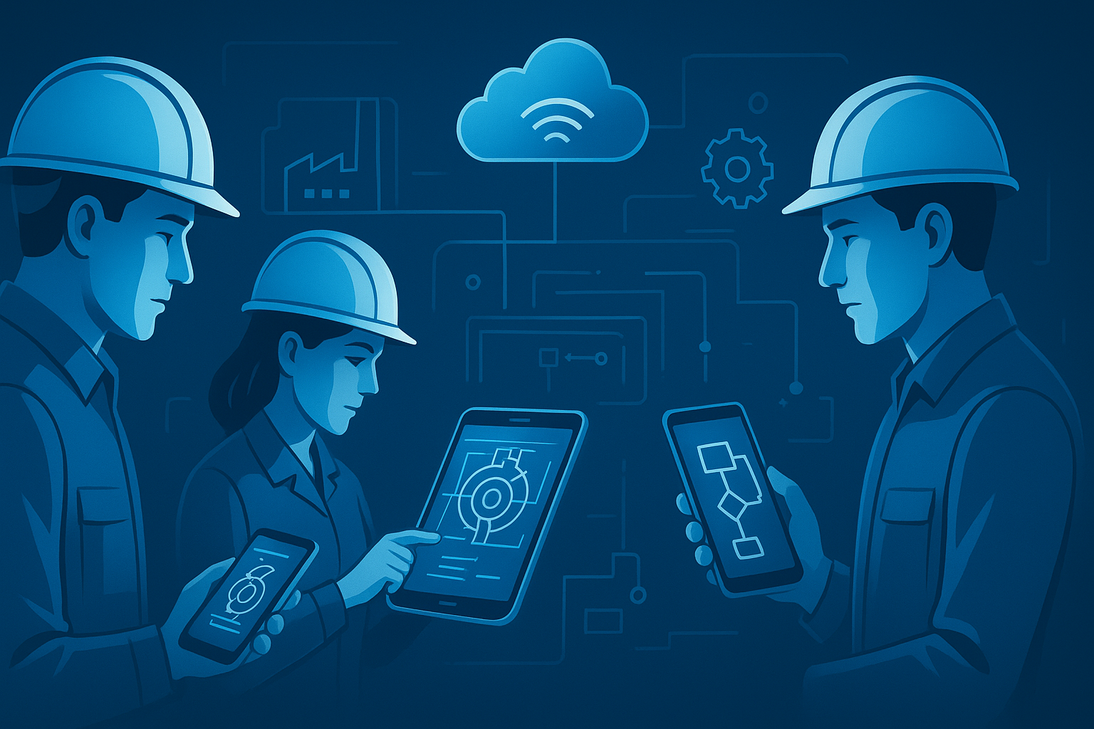 Engineers using mobile apps for field operations and maintenance, visualized through digital tablets showing CAD diagrams and IoT data — representing mobile-first, low-code engineering transformation.